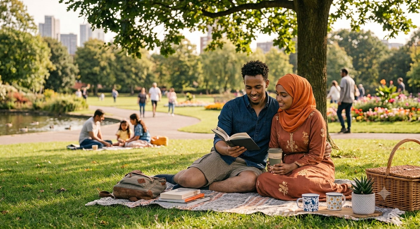A modestly dressed Muslim couple walking together in a serene, sunlit setting
