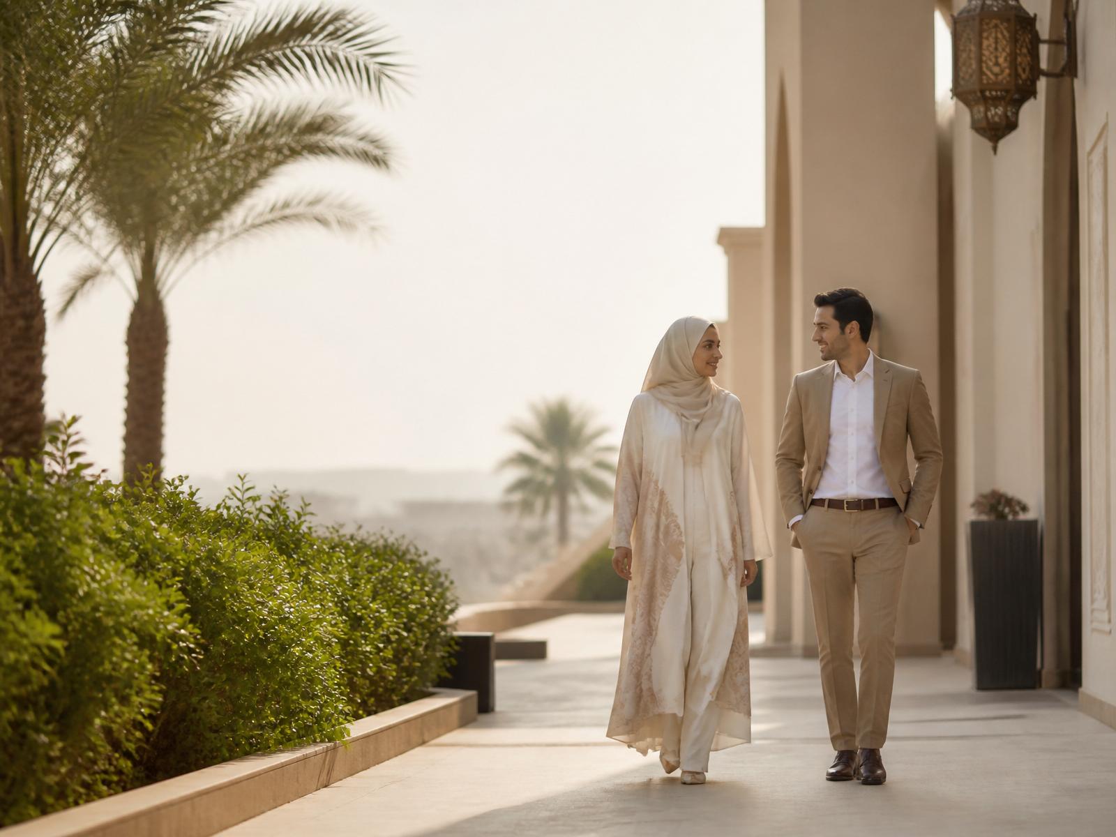 A modestly dressed Muslim couple walking together in a serene, sunlit setting